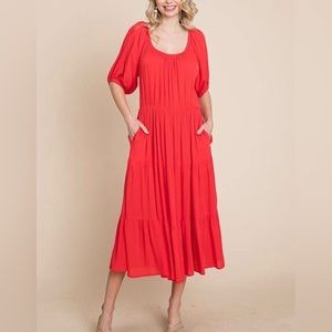 Puff Sleeve Tiered Midi Dress New SML Red Salsa